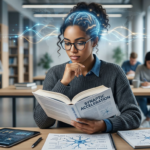 Pessoa lendo livro ou tablet rapidamente com linhas luminosas de atividade cerebral, simbolizando leitura dinâmica e metaleitura com neurociência.