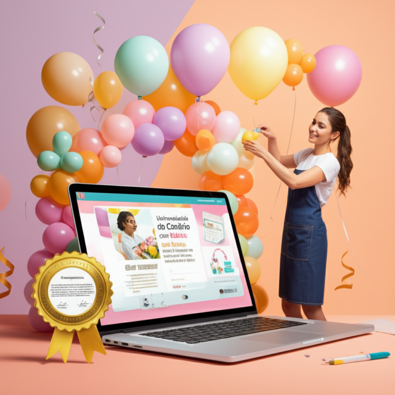 Capa do eBook 'Universidade do Cenário com Balões: Guia Prático de Decoração Profissional' com balões coloridos, arco de balões, artista de balões e elementos digitais como laptop e selo de certificado.