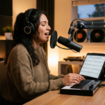 Jovem cantando com fones de ouvido e microfone em frente ao computador, praticando técnica vocal online com foco e dedicação.