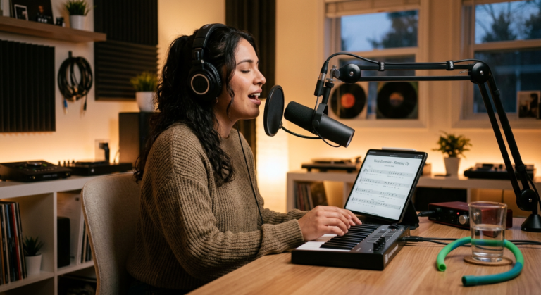 Jovem cantando com fones de ouvido e microfone em frente ao computador, praticando técnica vocal online com foco e dedicação.