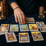 Capa do curso Tarot Profundo de Rogério Temporim, mostrando uma tiragem complexa de cartas de tarot com foco em simbologia, psicologia analítica e aconselhamento profissional.