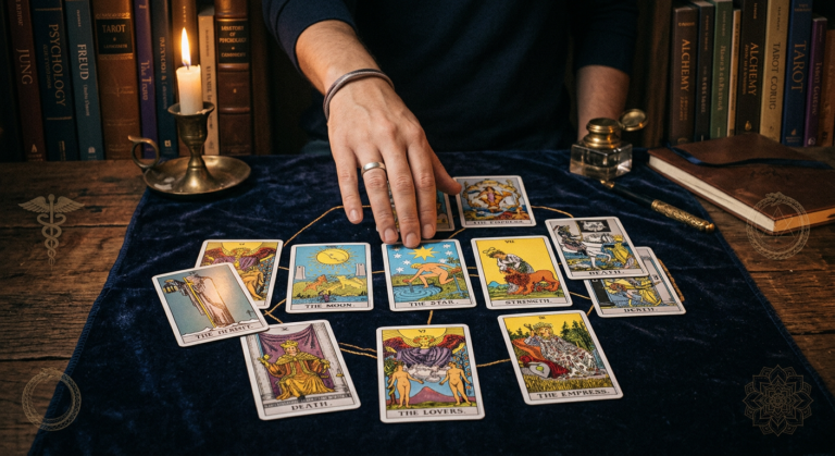 Capa do curso Tarot Profundo de Rogério Temporim, mostrando uma tiragem complexa de cartas de tarot com foco em simbologia, psicologia analítica e aconselhamento profissional.
