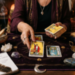 Mãos manipulam cartas de Tarot (estilo Rider Waite ou Marselha) sobre uma mesa mística com cristais e velas, representando o curso 'Tarot Profundo Rogério Temporim' e sua abordagem terapêutica baseada na psicologia analítica para autoconhecimento.