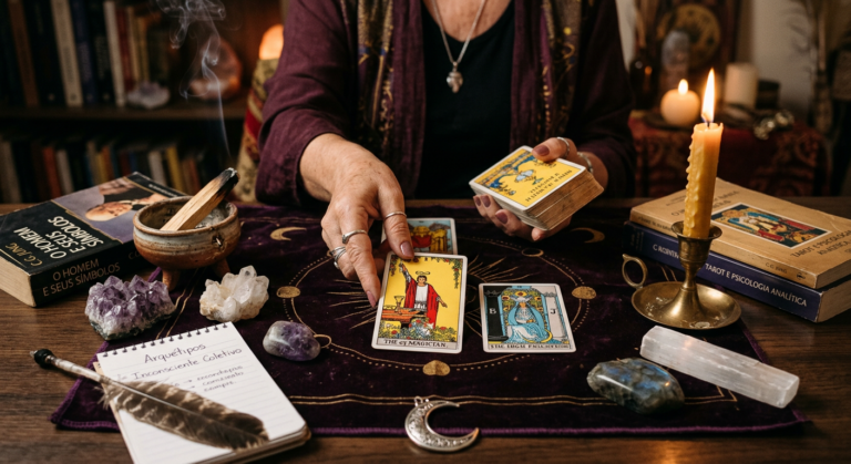 Mãos manipulam cartas de Tarot (estilo Rider Waite ou Marselha) sobre uma mesa mística com cristais e velas, representando o curso 'Tarot Profundo Rogério Temporim' e sua abordagem terapêutica baseada na psicologia analítica para autoconhecimento.