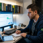 Jovem concurseiro concentrado estudando questões e simulados online para concursos policiais usando a plataforma Gabarito Policial, com distintivo e livros de direito no ambiente.