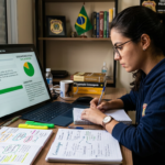 Estudante focado em tela de laptop exibindo questões e gabaritos de concurso policial, representando preparação para carreiras na segurança pública.