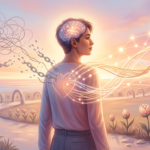 Pessoa em jornada de transformação emocional, libertando-se de padrões de apego ansioso e construindo segurança, simbolizando crescimento e paz interior.