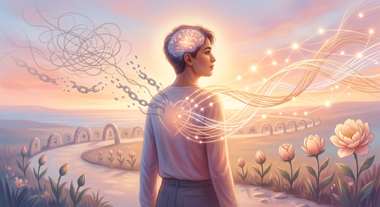 Pessoa em jornada de transformação emocional, libertando-se de padrões de apego ansioso e construindo segurança, simbolizando crescimento e paz interior.