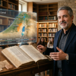 Professor Rodrigo Silva ao lado de uma Bíblia aberta com mapas digitais e artefatos arqueológicos, representando o curso A Bíblia Comentada.