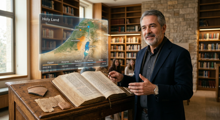 Professor Rodrigo Silva ao lado de uma Bíblia aberta com mapas digitais e artefatos arqueológicos, representando o curso A Bíblia Comentada.