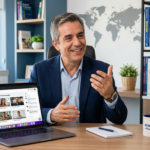 Professor Jonas, criador do curso Beway 2.0, ensinando inglês online em um laptop, com foco em fluência e quebra do 'platô' intermediário.