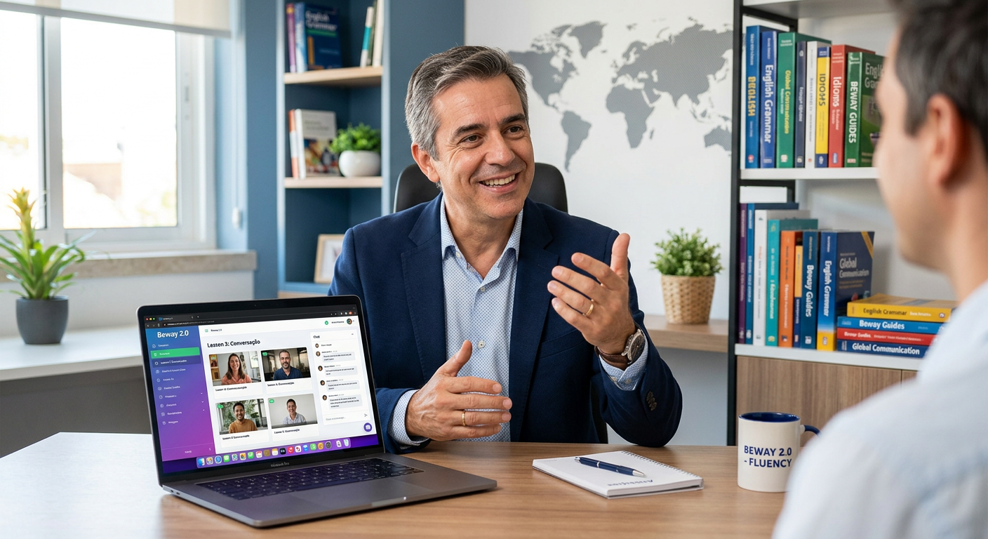 Professor Jonas, criador do curso Beway 2.0, ensinando inglês online em um laptop, com foco em fluência e quebra do 'platô' intermediário.