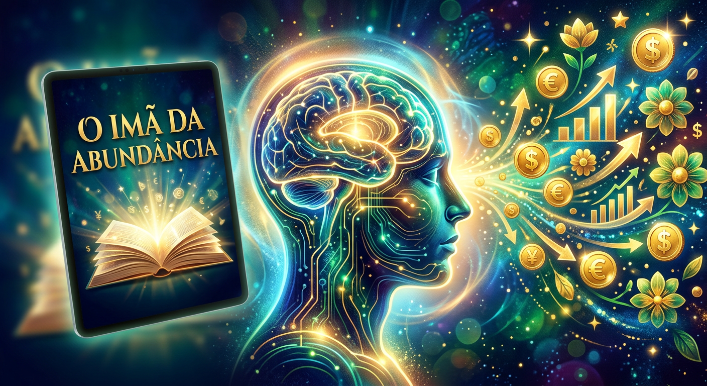 Imagem conceitual de uma cabeça humana estilizada atraindo símbolos de abundância e prosperidade com um campo magnético, representando o e-book O Imã da Abundância.