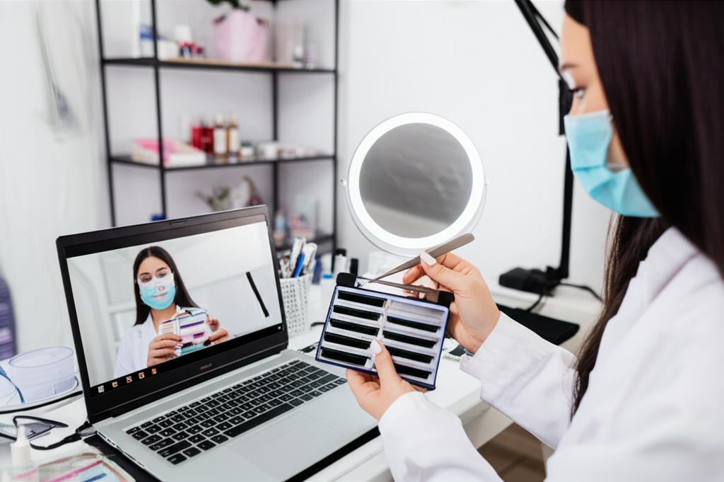 Jovem profissional de beleza assistindo videoaula de extensão de cílios com kit completo em estúdio