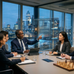 Um mentor experiente guia um grupo de advogados em uma sala de reunião moderna, discutindo estratégias para grandes operações jurídicas complexas, com elementos visuais de dados e planejamento estratégico.