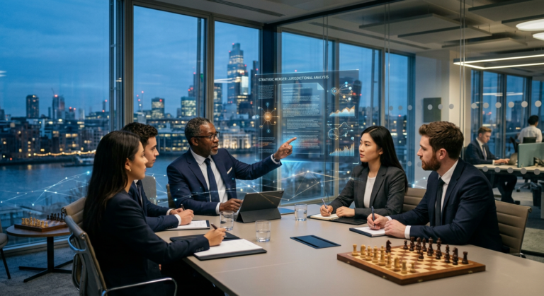 Um mentor experiente guia um grupo de advogados em uma sala de reunião moderna, discutindo estratégias para grandes operações jurídicas complexas, com elementos visuais de dados e planejamento estratégico.