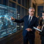 Advogado mentor explicando estratégias de grandes operações jurídicas em um painel digital global para um profissional do direito.