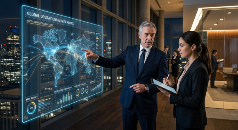 Advogado mentor explicando estratégias de grandes operações jurídicas em um painel digital global para um profissional do direito.