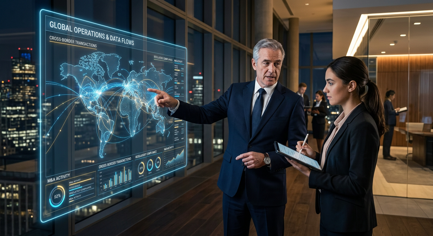 Advogado mentor explicando estratégias de grandes operações jurídicas em um painel digital global para um profissional do direito.