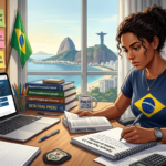 Candidato determinado estudando para o concurso PMERJ Soldado com livros e laptop, focado na preparação estratégica do Operação Papa Mike 2.0.