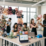 Alunos aprendendo técnicas avançadas de arte com balões e gestão de negócios em um ambiente de universidade.