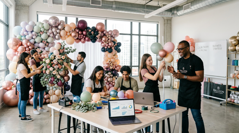 Alunos aprendendo técnicas avançadas de arte com balões e gestão de negócios em um ambiente de universidade.