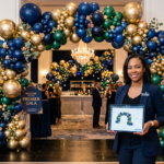 Profissional sorridente e confiante revisando um plano de negócios em um tablet, com um exuberante cenário de balões orgânicos em cores vibrantes ao fundo. A imagem representa o sucesso e a expertise em decoração de eventos com balões.