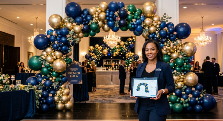 Profissional sorridente e confiante revisando um plano de negócios em um tablet, com um exuberante cenário de balões orgânicos em cores vibrantes ao fundo. A imagem representa o sucesso e a expertise em decoração de eventos com balões.