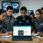 Profissionais de segurança pública e privada estudando online em laptop para curso superior sequencial com foco em certificado rápido.