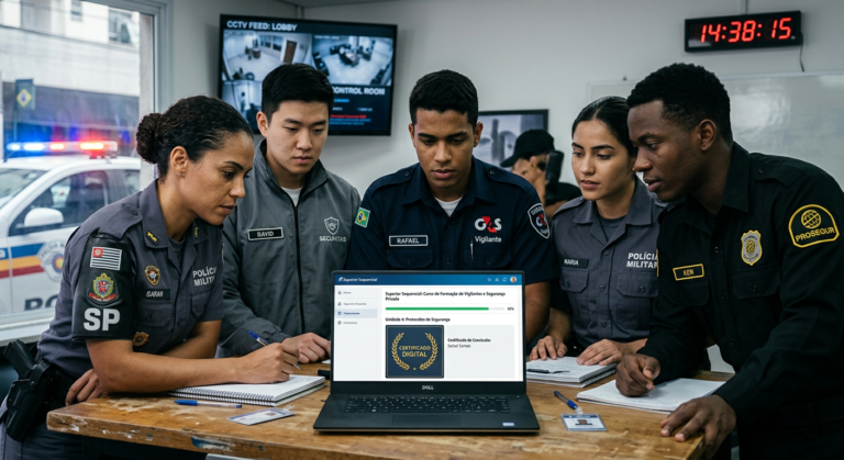 Profissionais de segurança pública e privada estudando online em laptop para curso superior sequencial com foco em certificado rápido.