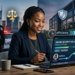 Estudante em laptop com fundo dividido entre símbolos de segurança pública (policial, viatura) e privada (câmera, prédio corporativo), representando formação superior sequencial rápida.