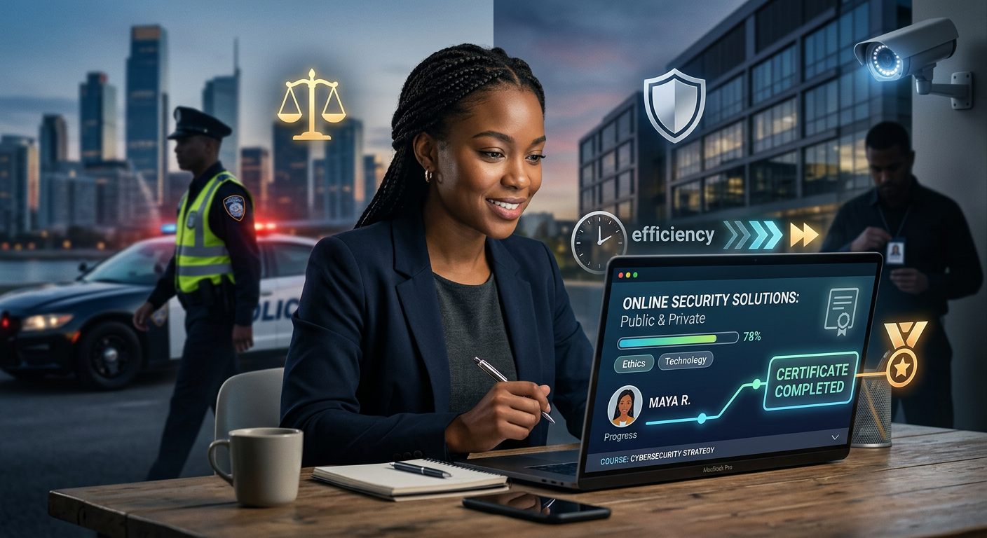Estudante em laptop com fundo dividido entre símbolos de segurança pública (policial, viatura) e privada (câmera, prédio corporativo), representando formação superior sequencial rápida.