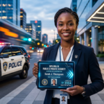 Imagem de um profissional sorrindo com um certificado digital de curso superior sequencial em Gestão de Segurança, com fundo de elementos de segurança pública e privada, simbolizando a conquista rápida do nível superior para concursos.