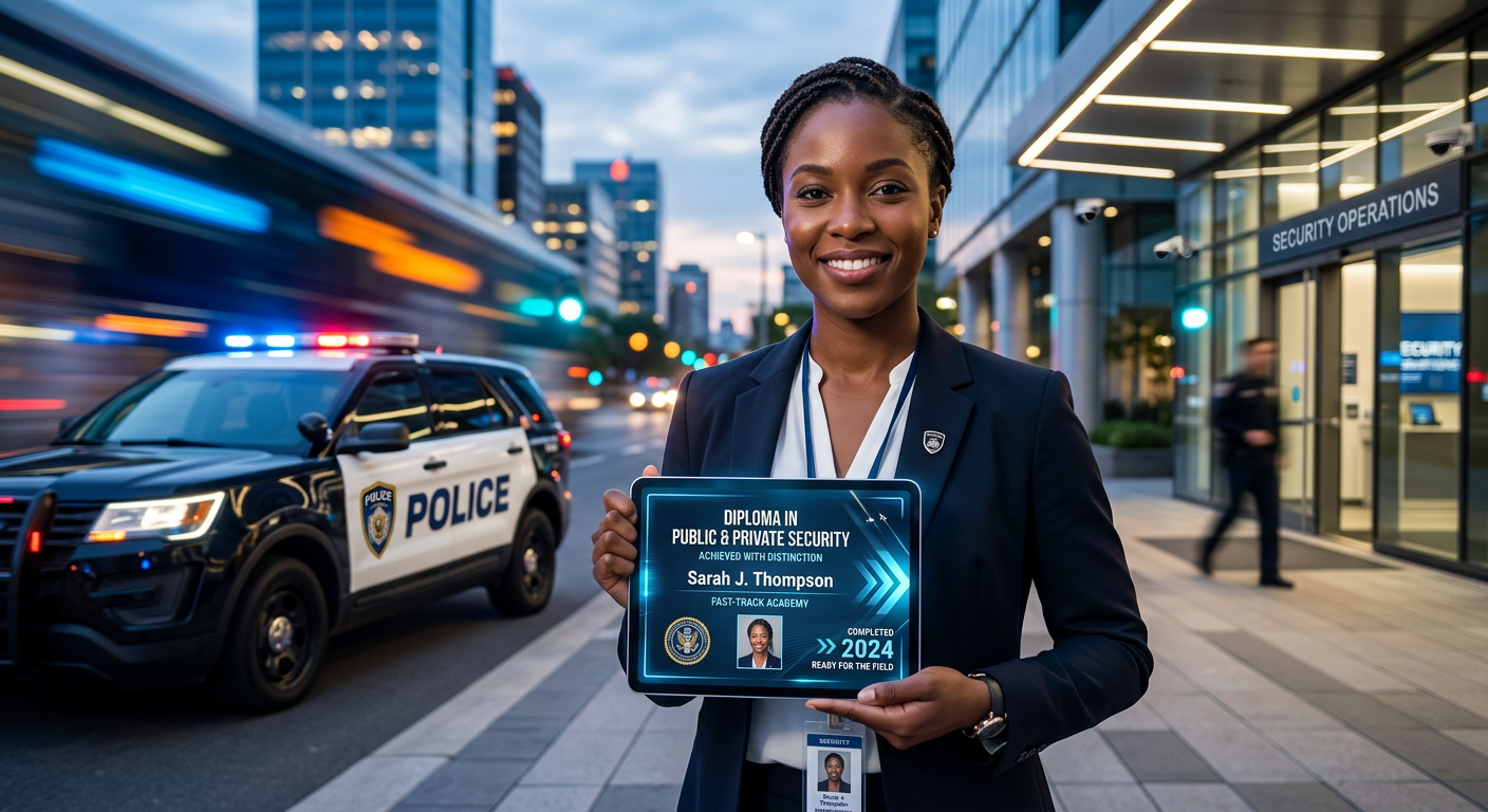 Imagem de um profissional sorrindo com um certificado digital de curso superior sequencial em Gestão de Segurança, com fundo de elementos de segurança pública e privada, simbolizando a conquista rápida do nível superior para concursos.