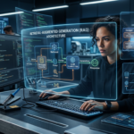 Um engenheiro de software focado em um ambiente de trabalho futurista, com interfaces holográficas exibindo arquiteturas de sistemas de IA, RAG, LLMs e fluxos de dados, simbolizando o desenvolvimento eficiente de IA.