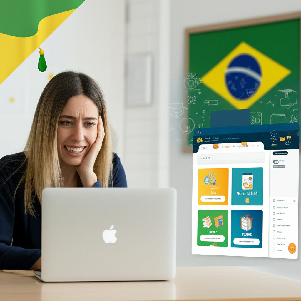 Professor brasileiro usando a plataforma Skooly no laptop, gerando rapidamente planos de aula e avaliações alinhados à BNCC com recursos de IA.