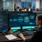 Desenvolvedor trabalhando em arquitetura de engenharia de IA, integrando LLMs, RAG e dados reais para criar sistemas eficientes.