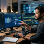 Engenheiro de IA focado no desenvolvimento de sistemas RAG e LLMs em produção, com código complexo e visualizações de dados em telas múltiplas.