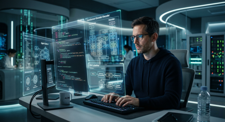 Engenheiro de IA focado em código complexo, arquiteturas de IA e LLMs em múltiplas telas.