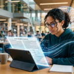 Pessoa concentrada lendo rapidamente um livro ou tablet, com elementos visuais que simbolizam leitura dinâmica, metaleitura e retenção de informação.