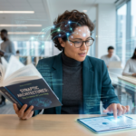 Pessoa lendo livro e tablet com foco intenso e alta velocidade, com elementos visuais de atividade cerebral, simbolizando leitura dinâmica e compreensão avançada com neurociência.