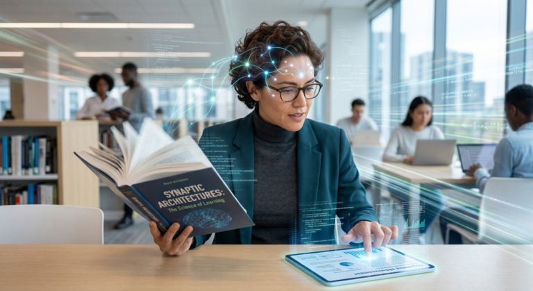 Pessoa lendo livro e tablet com foco intenso e alta velocidade, com elementos visuais de atividade cerebral, simbolizando leitura dinâmica e compreensão avançada com neurociência.