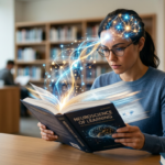 Pessoa focada lendo rapidamente um livro ou tablet, com sobreposição de elementos visuais de redes neurais conectando o texto ao cérebro, simbolizando leitura dinâmica, metaleitura e compreensão profunda.