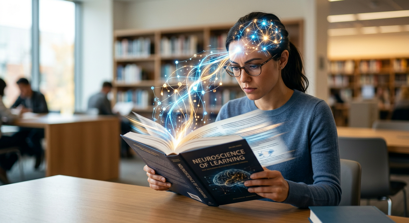 Pessoa focada lendo rapidamente um livro ou tablet, com sobreposição de elementos visuais de redes neurais conectando o texto ao cérebro, simbolizando leitura dinâmica, metaleitura e compreensão profunda.