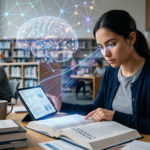 Jovem profissional lendo com alta velocidade e foco, com gráficos sutis de neurociência ao fundo, simbolizando o método Metaleitura e o aprendizado acelerado.