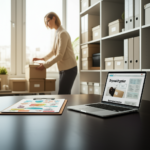 Professional organizer arranging labeled storage boxes in a tidy modern home, with a clipboard showing the Personal Organizer 3.0 method.