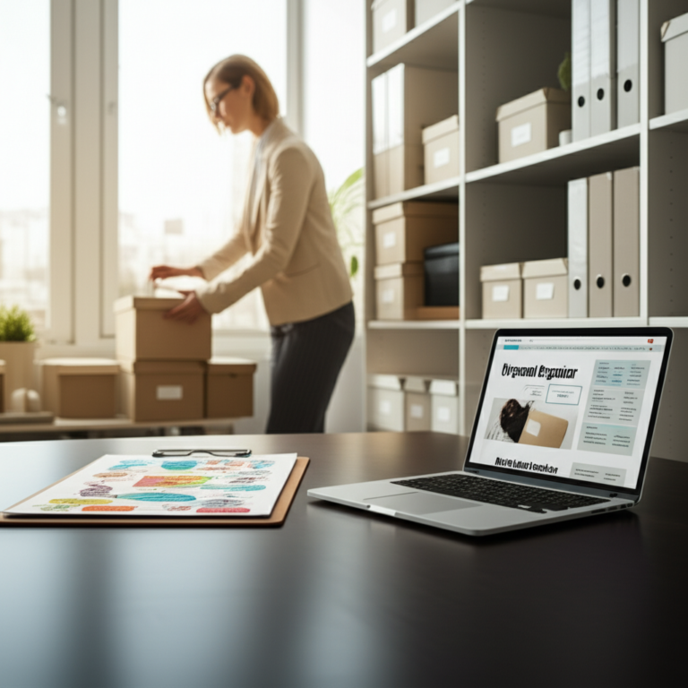 Professional organizer arranging labeled storage boxes in a tidy modern home, with a clipboard showing the Personal Organizer 3.0 method.
