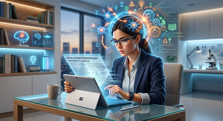 Pessoa lendo rapidamente um livro ou tablet com símbolos de neurociência e velocidade, ilustrando as técnicas de leitura dinâmica e memorização do Curso Metaleitura de Renato Alves.