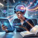 Pessoa lendo rapidamente um livro e tablet, com representações visuais de dados e atividade cerebral, simbolizando leitura dinâmica e metaleitura avançada.