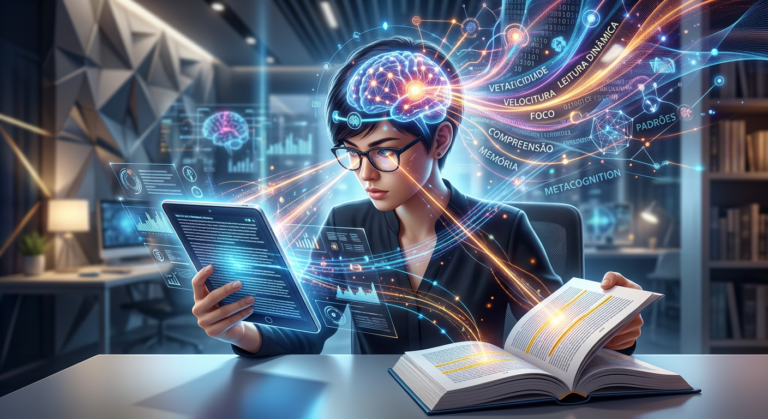 Pessoa lendo rapidamente um livro e tablet, com representações visuais de dados e atividade cerebral, simbolizando leitura dinâmica e metaleitura avançada.